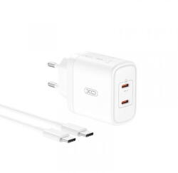 XO Incarcator Retea Cu Cablu USB-C XO Design CE08, 50W, 3A, 2 x USB-C, Alb (inc/us/xo /ce/50/3a/2x/al)