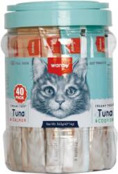 Wanpy Recompense cremoase pentru pisici Wanpy, Mix Ton si somon ton si cod, 40 x 14g (WP87189)