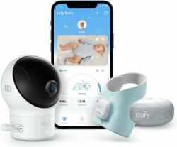  Eufy Smart Sock Baby Monitor S340 babafigyelő szett, 2K kamera, 2, 4 GHz-es Wi-Fi, Pan & Tilt, szívritmus és véroxigénszint követése, AI Cry érzékelés, fehér