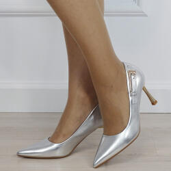 Ideal Shoes Pantofi eleganti argintii cu toc si brosa aurie D-1273 02 (D-1273SILVER-38)