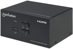 Manhattan HDMI KVM Switch 2-Port, 4K@30Hz, USB-A/3.5mm Audio/Mic Connections, Cables included, Audio Support, Control 2x computers from one pc/mouse/screen, USB Powered, Black, Three Year Warranty, Boxed (15352
