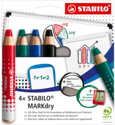STABILO MARKdry táblai és flipchart marker készlet - 4 db vegyes szín (fekete, kék, piros, zöld) - hegyezővel és törlőkendővel