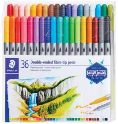 STAEDTLER 3200 TB36 Kétoldalú Filctoll Készlet - 36 Szín, Vékony és Vastag Hegy, Átlátszó Hajtogatható Tok