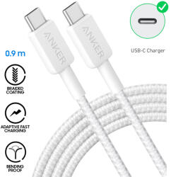 Anker Cablu Date si Incarcare Rapida Anker, 60W Power Delivery, USB-C la USB-C, invelis Braided, 480 Mbps, 0.9m, Alb (5943979553229)