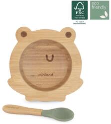 Miniland Eco Friendly Bol din lemn cu sistem de vid și linguriță Frog 89470 Set pentru masa bebelusi