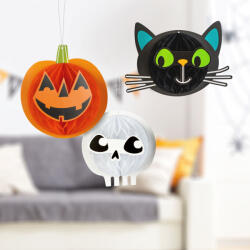  Halloween-i dekoráció - lampion szett - tök, macska, koponya - papír - 20 cm - 3 db / csomag (56584)