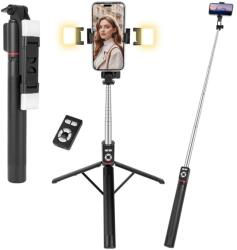 Adiwo Selfie Stick Tripod 170 cm, 3 az 1-ben Kihúzható Telefontartó 2 Töltőfénnyel, Bluetooth Távirányítóval, Android és iOS Kompatibilis, Fekete