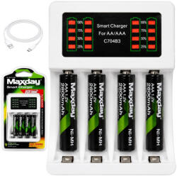 VG Maxday Akkumulátortöltő AA és AAA újratölthető elemekhez, 4 db 2800 mAh AAA elemmel, USB, C704B3 (02050)