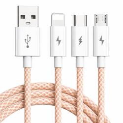 Flippy Cablu USB 3 in 1, Flippy, 100W, Compatibil Android si iPhone, Incarcare si Transfer Date, Textil Impletit, Roz (177418)