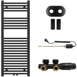 Cerano - Benito fürdőszobai radiátor szett - kombinált fűtéssel, termosztáttal - központi csatlakozással 50 mm - 300W - matt fekete - 1200x450 mm (CER-232489)