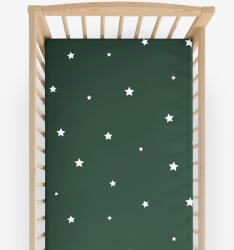 Goldea karácsonyi gyermek gumis pamut lepedő kiságyba - csillagok sötétzöldön 70 x 140 cm