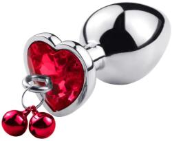  Dop Anal Small Heart Shape cu Clopotei Ring My Bells, Metal, Argintiu/Rosu, 7 cm