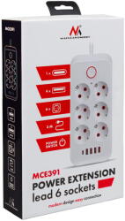 Maclean 6 prize + 4xUSB, 110-240V AC 50/60Hz, 2.1A max 2500W, 3m, Alb, MCE391W (MCE391)