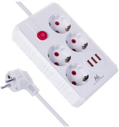 Maclean power strip, 4-socket extension cable + 3xUSB, 110-240V AC 50/60Hz, 2.1A max 2500W, 3m, white, MCE393 W (MCE393 W)
