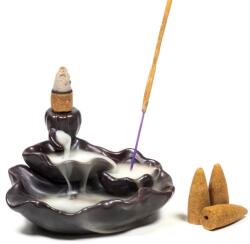 Phoenix Import Suport ceramic Lotus fontână pentru conuri de parfum "Fum curgător" negru