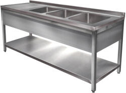 Green Clean 2400mm 3 medencés nagykonyhai mosogató bal oldali csepegtetővel, 500x500x300mm medencékkel, lábra állítva, takaróköpennyel, polccal, r. m. acél (GCK3-240755-IKP)