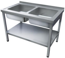 Green Clean 1000mm 2 medencés nagykonyhai mosogató 400x400x250mm medencékkel, lábra állítva, polccal, r. m. acél (GCK2-100644-NLP)