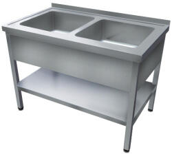 Green Clean 1200mm 2 medencés nagykonyhai mosogató 500x500x300mm medencékkel, lábra állítva, takaróköpennyel, polccal, r. m. acél (GCK2-120755-NKP)
