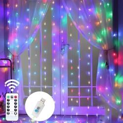 Juls Lumini Perdea USB 600 LED-uri Colorate, 6x3m cu Telecomanda, 8 Moduri Iluminare, Decor Interior, Exterior, Fir Flexibil, Montaj Hook Type, Multicolor, Craciun, Petreceri,