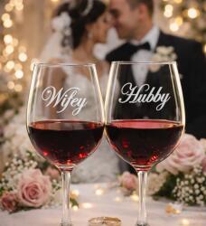 Ajándékbor kft Páros gravírozott borospohár - Hubby & Wifey esküvőre (POH2)