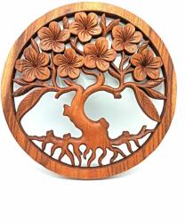  Kézzel Faragott Fa Falikép, Életfa Frangipani, 40 cm Kerek Panel, Suar Fa Dekoráció, Indonézia (WDW-04)