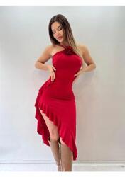  Bordó Ruha Halter Aszimmetrikus Fodros L 5IA (PL2094/KIRMIZI)