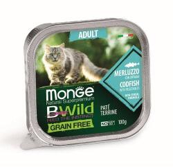 Monge BWild Cat Grain Free Adult 100g gabonamentes eledel felnőtt macskáknak tőkehal zöldségekkel alutálca