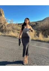  Testhezálló Ruha Maxi Pánt Nélkül Sima Elegáns S 5IA (Renk Geçişli Straplez Uzun Elbise/Siyah-Bordo)