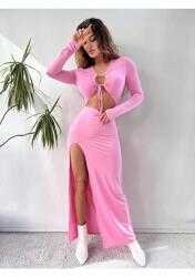  Rózsaszín Hosszú Ujjú Maxi Ruha Megkötővel Elöl L 5IA (PL2069/PEMBE)