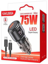 KAKUSIGA KSC-1174 Yingzi autós gyorstöltő szivargyújtós USB + Type-C, 75W + Type-C - Lightning kábel, fekete - Car Charger + Lightning Cable (KSC-1174)