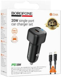 BOROFONE BZ34A Cloud USB-C autós töltő szivargyújtós, PD 20W + Type-C - Lightning kábel, fekete - 20W PD Car Charger + Lightning Cable (BZ34A)