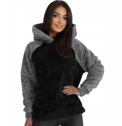  Női kapucnis pulóver plüss polár sherpa kontraszt fekete szürke M/L (BT1026-black-M/L)