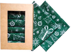  Ünnepi Textil Szalvéta Szett Díszdobozban - Karácsonyi motívumok Sötétzöld alapszínen