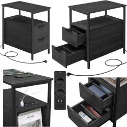 Songmics Dohányzóasztal Éjjeliszekrény Fekete Tápegység 2 fiókos Loft (LET325B22)