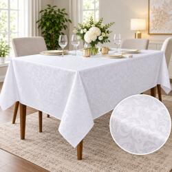 Pucioasa Fata de masa satinata jacquard alba 150x240 cm, damasc cu frunze stilizate Fata de masa