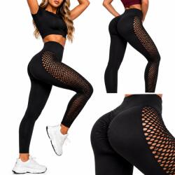 Verk Colanti dama fitness Push Up cu talie inalta, efect modelator, insertii mesh, elastici, pentru sala, yoga si alergare, S/M, negru