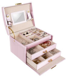 Beutylushh Cutie bijuterii BEAUTYLUSHH satinata, cu cheie, 20 compartimente, 2 sertare, oglinda, organizator inele si accesorii, roz
