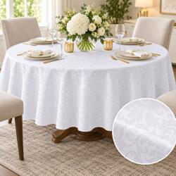 Pucioasa Fata de masa satinata jacquard alba, rotunda, diametru 140cm, damasc cu frunze stilizate Fata de masa