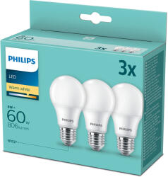 Philips Led izzó 8 W (60 W) E27 meleg fehér 3 db F (929002306203)