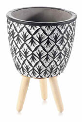 Decorer Ghiveci flori lemn natur ceramica neagra alba 10.5x14.5 cm (75219)