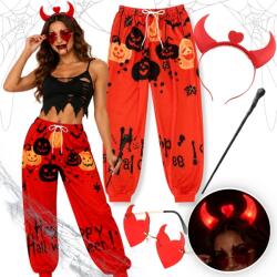 Hopki Boszorkány Jelmez Halloween Ördög Nadrág Szarvak Led Pálca Szemüveg M/L
