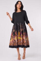 SHOPIKA Rochie midi dama din jerseu si satin de matase cu imprimeu floral multicolor pe fond negru cu gri Talie unica