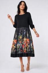 SHOPIKA Rochie midi dama din jerseu si satin de matase cu imprimeu floral multicolor pe fond negru Talie unica