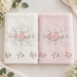 Arliva Home Set 2 prosoape bambus 50x90 cu broderii si dantela, ecru-roz, ambalaj cadou, 500gr/m2 Prosop