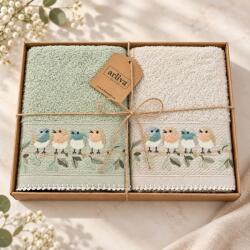 Arliva Home Set 2 prosoape 50x90 din bumbac cu broderie pasarele, 500 g/m2, bej, verde Prosop
