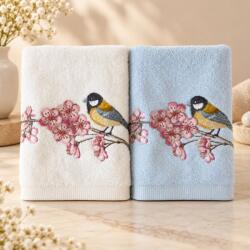 Arliva Home Set 2 prosoape bambus 50x90 cu broderie pasarele si flori de cires, ecru-bleu, ambalaj cadou, 500gr/m2 Prosop