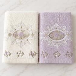 Arliva Home Set 2 prosoape bambus 50x90 cu broderii si dantela, ecru-lila, ambalaj cadou, 500gr/m2 Prosop