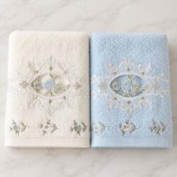 Arliva Home Set 2 prosoape bambus 50x90 cu broderii si dantela, ecru-bleu, ambalaj cadou, 500gr/m2 Prosop