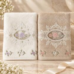 Arliva Home Set 2 prosoape bambus 50x90 cu broderii si dantela, ecru-bej, ambalaj cadou, 500gr/m2 Prosop