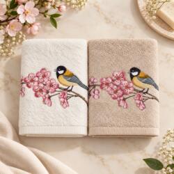 Arliva Home Set 2 prosoape bambus 50x90 cu broderie pasarele si flori de cires, ecru-bej, ambalaj cadou, 500gr/m2 Prosop